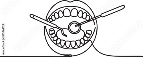 Drawn open mouth of a patient during a dental examination. Examination of the patient's teeth and gums using a dental mirror and probe. one line Icon drawing