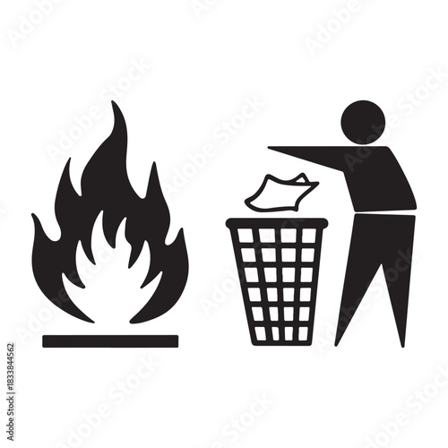 This image shows two icons. On the left, a large, stylized flame signifies fire. To its right, a silhouette of a person is depicted throwing a piece of paper into a trash can, symbolizing responsible 