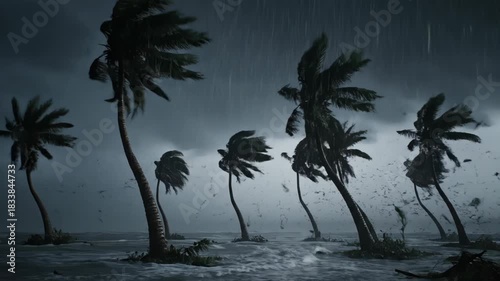 Palm trees battle a fierce tropical storm with heavy rain. Lightning flashes illuminate the dark, turbulent ocean scene.