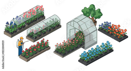 Isometric garden scene with greenhouse and florist tending to colorful plant beds