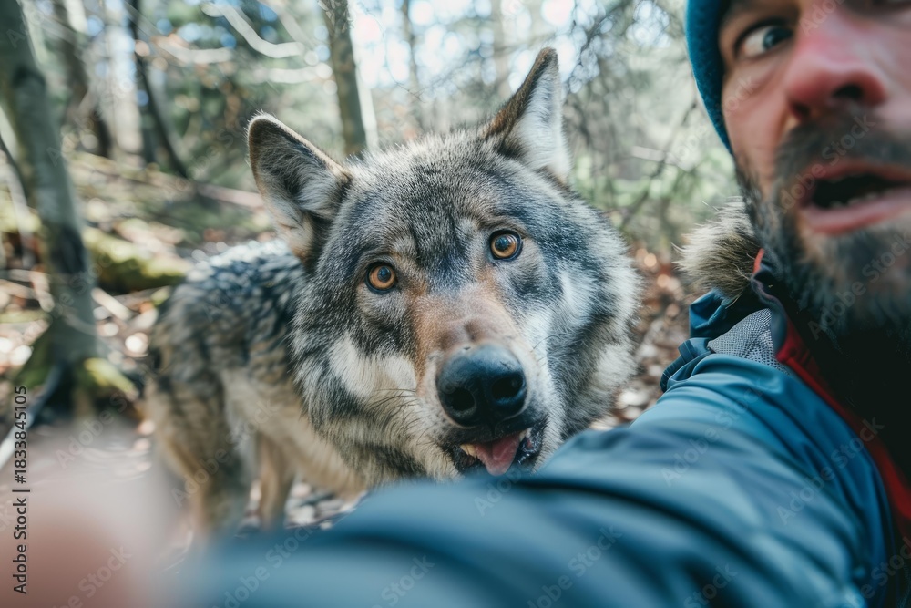 Naklejka premium Eurasian wolf making eye contact with a wildlife biologist taking a selfie in a natural environment