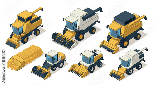 Modern isometric harvesters and farming equipment set for agricultural design