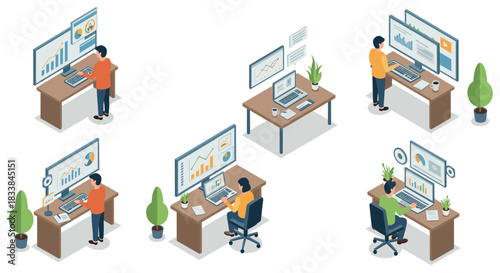 Isometric office workspace with people analyzing data and charts