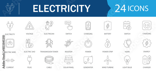 Electricity editable line icon set. Featuring energy, efficiency, lightning, solar, electrician, and more. 