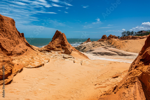 The rock formations at Canoa Quebrada Beach at Canoa Quebrada, state of Ceara, Brazil