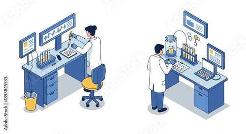 Isometric laboratory scene with scientists conducting experiments and analyzing data