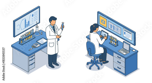 Scientists conducting research in laboratory with modern technology and equipment