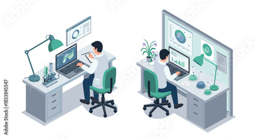 Isometric scientists analyzing data in modern lab with digital technology