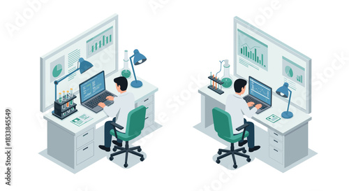 Isometric illustration of scientist analyzing data in modern laboratory workspace