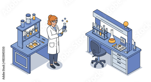 Isometric science lab with chemist and equipment on white background