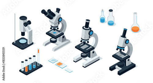 Isometric laboratory equipment with microscopes and glassware