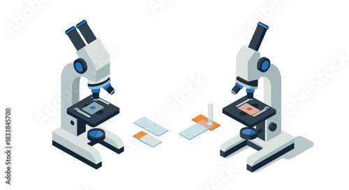Isometric microscopes and lab slides set on white background for science and research themes