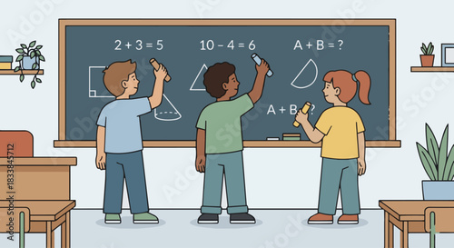 “Kids solving math problems on a large chalkboard, clean flat vector look, simple outlines, minimal details.”
