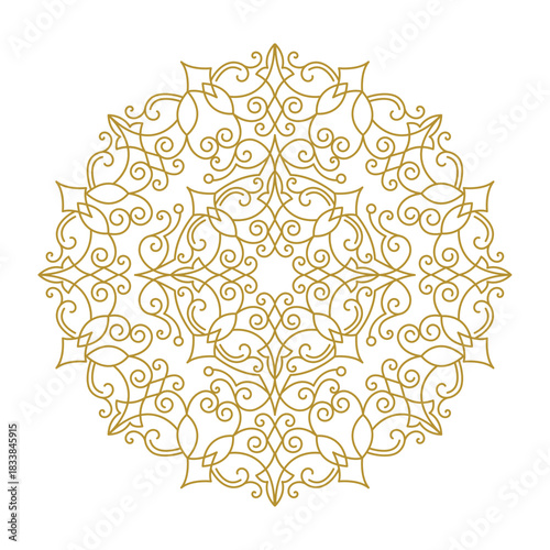 Ornate baroque element for design, floral decoration. Ornamental lace pattern for wedding invitations, greeting cards. Traditional golden decor on light background.