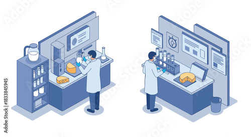 Scientists in isometric laboratory conducting food safety and quality research with advanced equipment