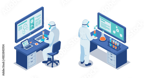 Scientists in protective gear analyzing data in lab with advanced technology