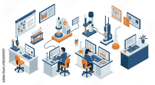 Isometric laboratory: scientists working with advanced equipment in modern research facility