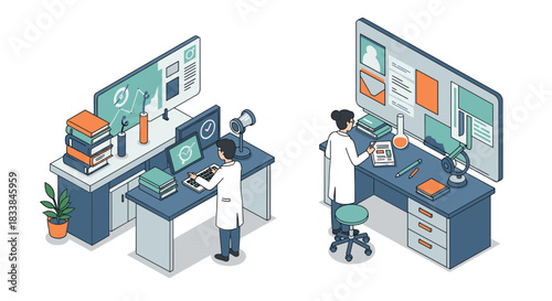 Isometric laboratory interior with scientists conducting research and experiments