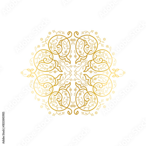 Ornate baroque element for design, floral decoration. Ornamental lace pattern for wedding invitations, greeting cards. Traditional golden decor on light background.