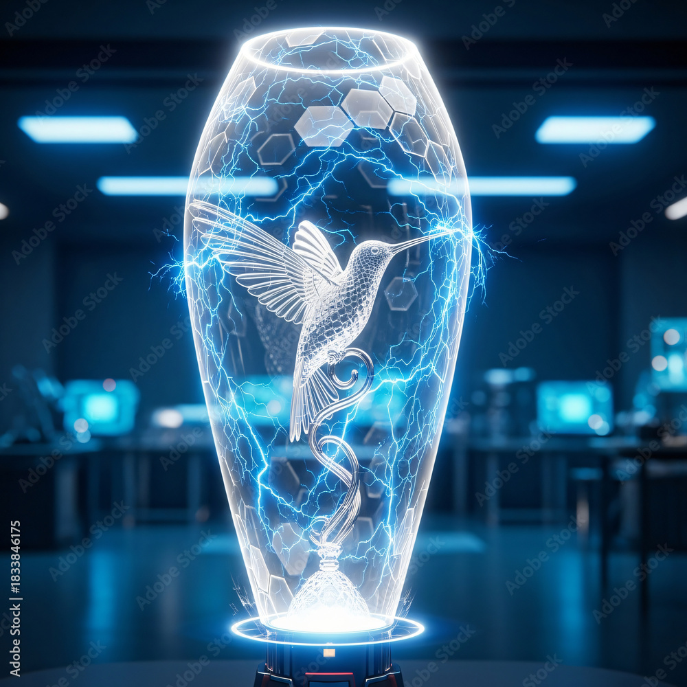 Fototapeta premium A futuristic holographic display showcasing a glowing hummingbird encased in a transparent energy field within a high-tech laboratory.