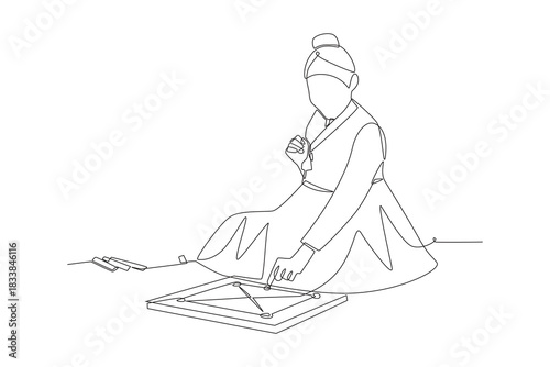 The girl who plays yutnori. Yutnori in korea concept one-line drawing