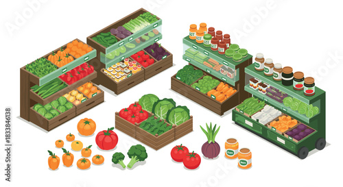 Fresh produce market display with various fruits and vegetables in isometric style