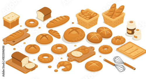 Bakery delights isometric art featuring bread, pastries, and baking tools in warm tones
