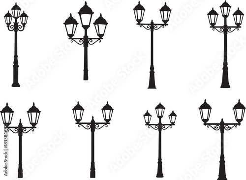 Silhouette collection of ornate street lamps in a row