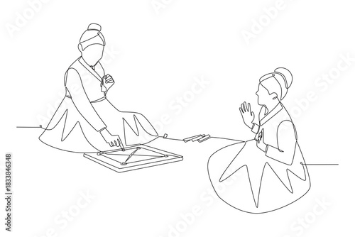 The girl who plays yutnori. Yutnori in korea concept one-line drawing