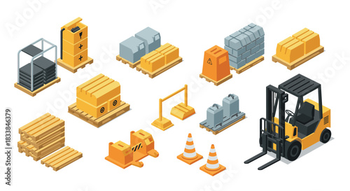 Isometric construction equipment and materials set with forklift and safety barriers