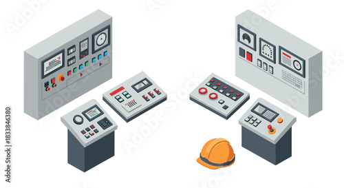 Isometric control room panels and safety gear with futuristic design elements