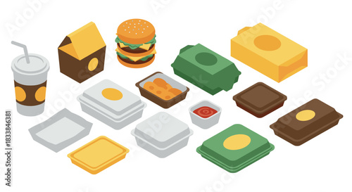Isometric fast food packaging set: burgers, drinks, and takeout boxes