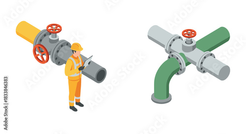 Isometric engineer working with industrial pipes and valves