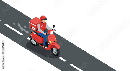 Delivery person on red scooter isometric design on road