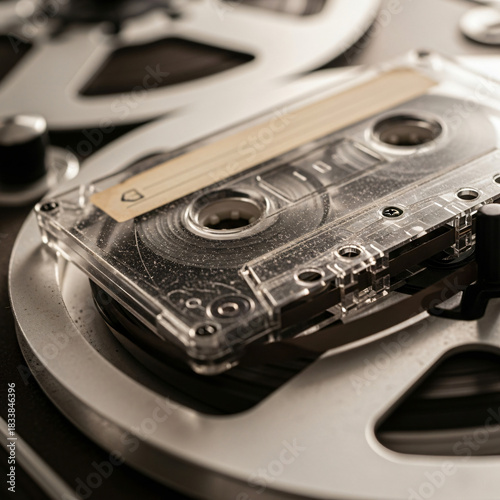 Wallpaper Mural Close-up of a vintage audio cassette tape resting on the metallic reels of an old-fashioned reel-to-reel tape recorder, showcasing retro sound technology. Torontodigital.ca