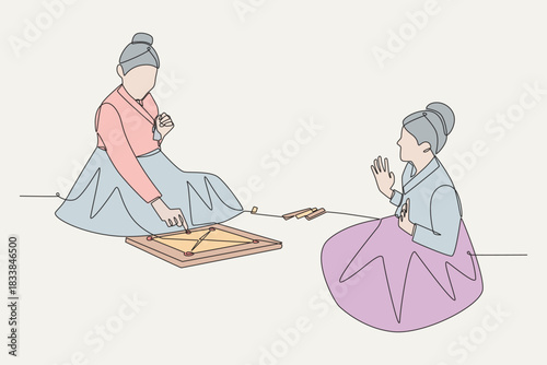 Colored the girl who plays yutnori. Yutnori in korea concept one-line drawing