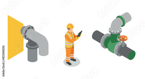 Isometric industrial engineering concept with worker and pipeline systems