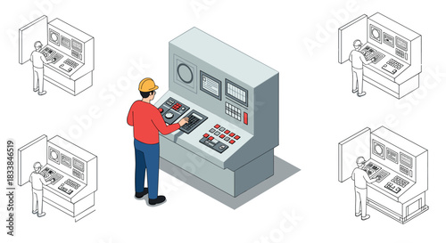 Control room operator at work: isometric design of industrial equipment and engineers