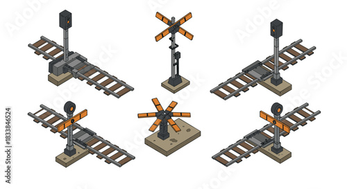 Isometric railroad crossing signs and signals set for construction projects