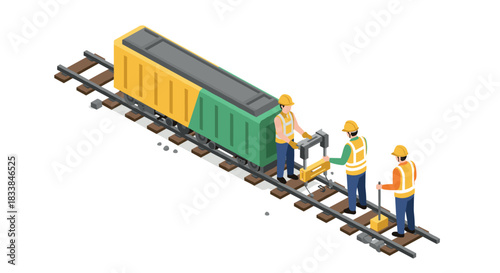 Construction workers with track maintenance equipment on railway