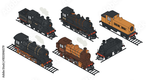 Isometric vintage trains collection on rails with steam details