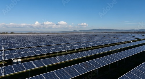Vast solar farm under a bright blue sky with wispy clouds