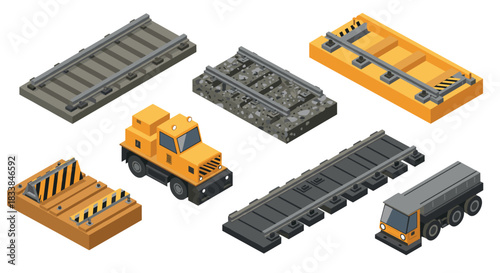 Construction and transportation elements in detailed isometric style