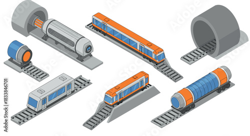 Isometric urban train set with modern transportation elements
