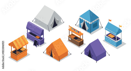 Isometric camping and market tents collection for outdoor events