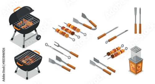 Isometric grilling tools and barbecue grill set with skewers and utensils