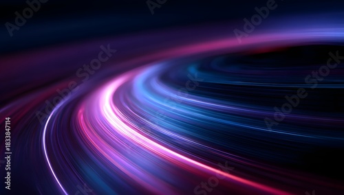 Abstract swirling light trails of vibrant pink and electric blue streaks against a deep dark background