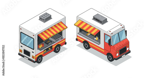 Isometric red food truck with awning and kitchen equipment