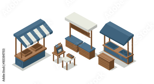 Isometric market stalls: wooden booths and tables with striped awnings