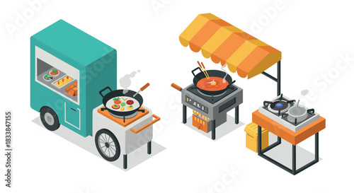 Isometric food cart scene with cooking equipment and ingredients